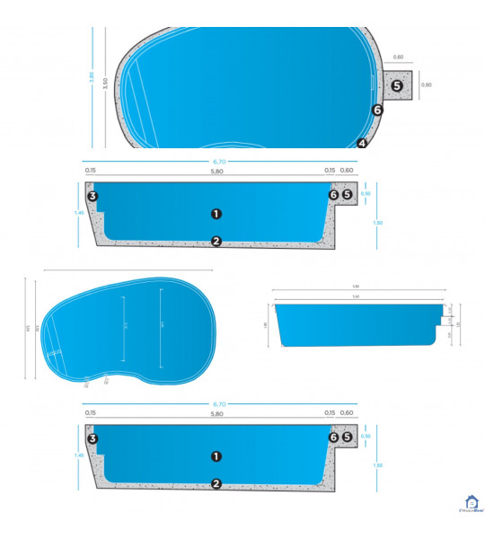 Coque piscine 5M80x3M50x1M50 forme ovale